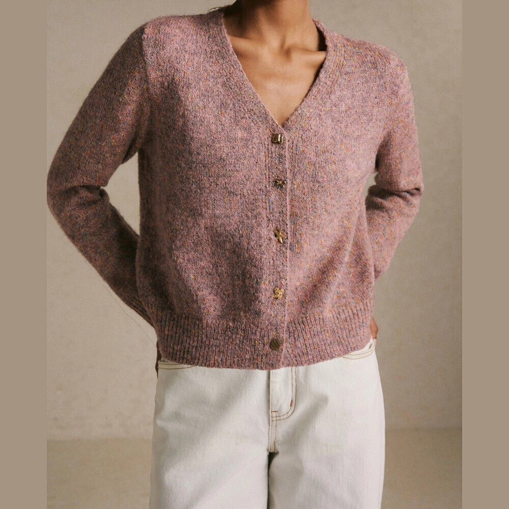 Pink Speckled Knit V-Neck Cardigan with Novelty Buttons